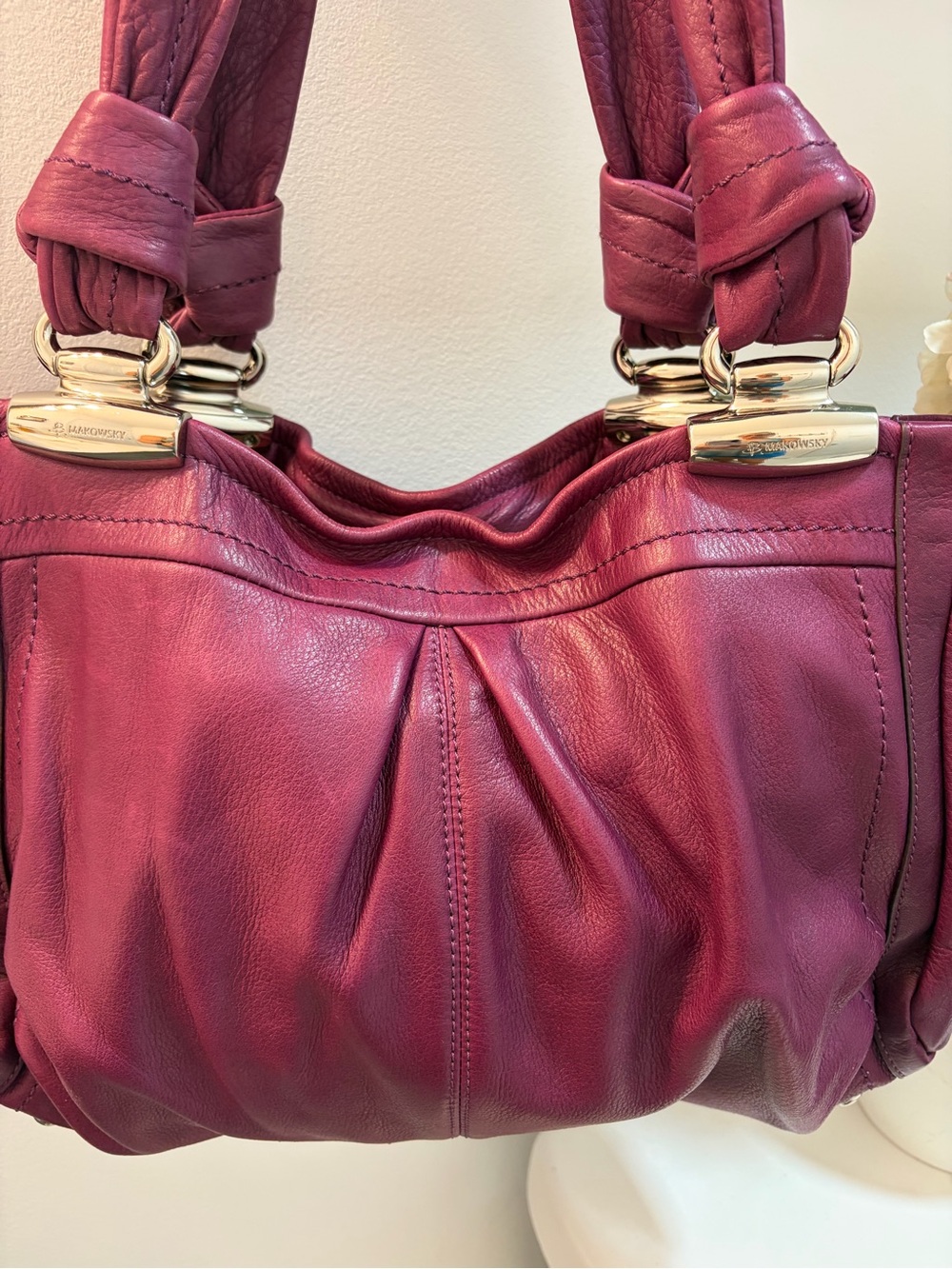 B. Makowsky Plum Leather Shoulder Bag with Silver-Tone Accents NWOT - Picture 3 of 13